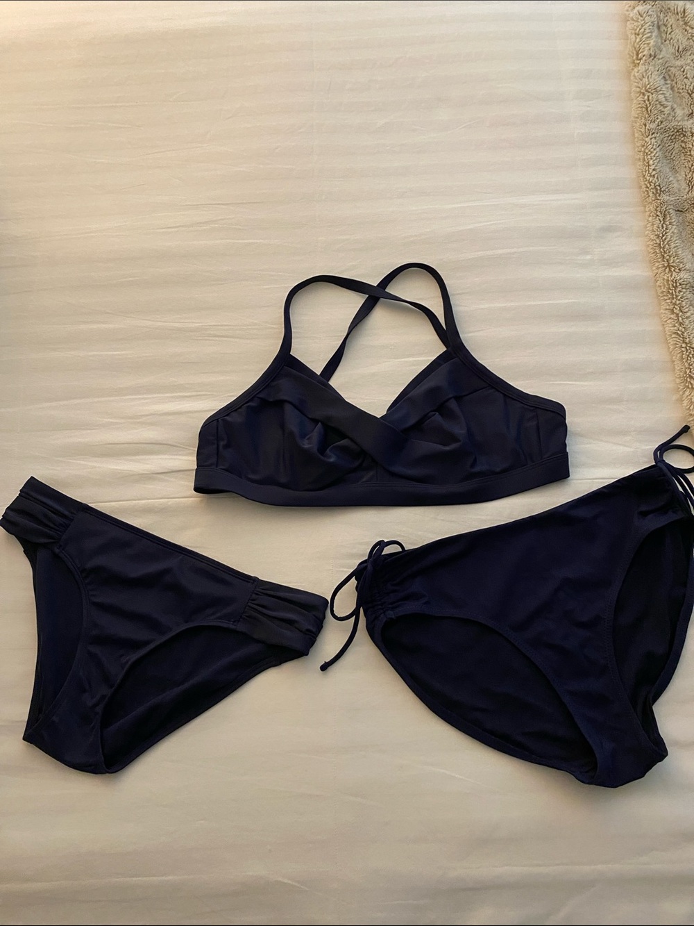 Athleta Navy Cross-Back Bikini Top with Two Navy Bottoms